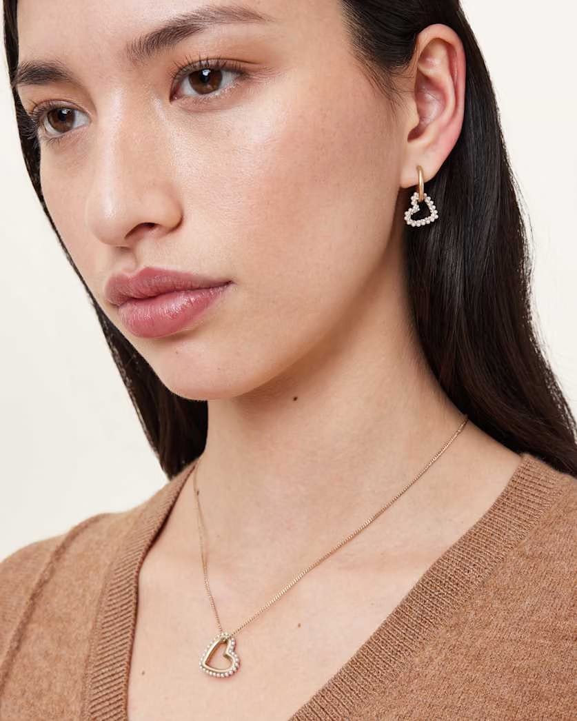 AllSaints Vida Heart Bead Embellished Hoops Women's Warm Brass/White Women's
