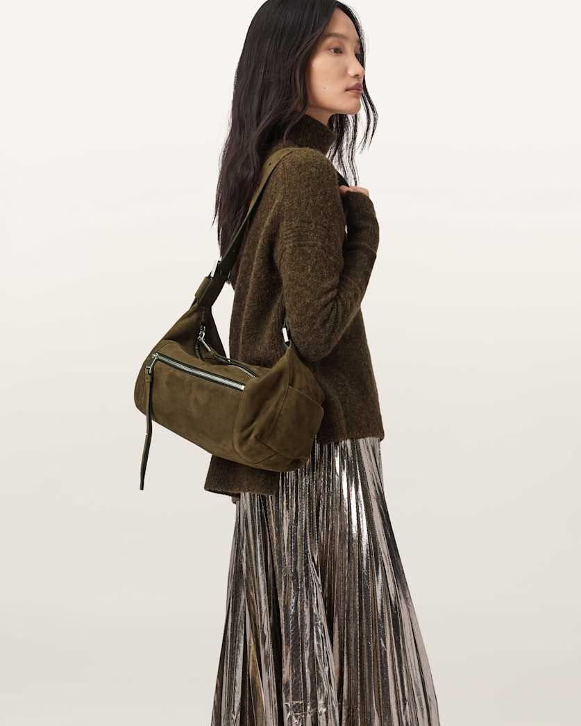 AllSaints Vega Suede Shoulder Bag Women's Olive Green Women's