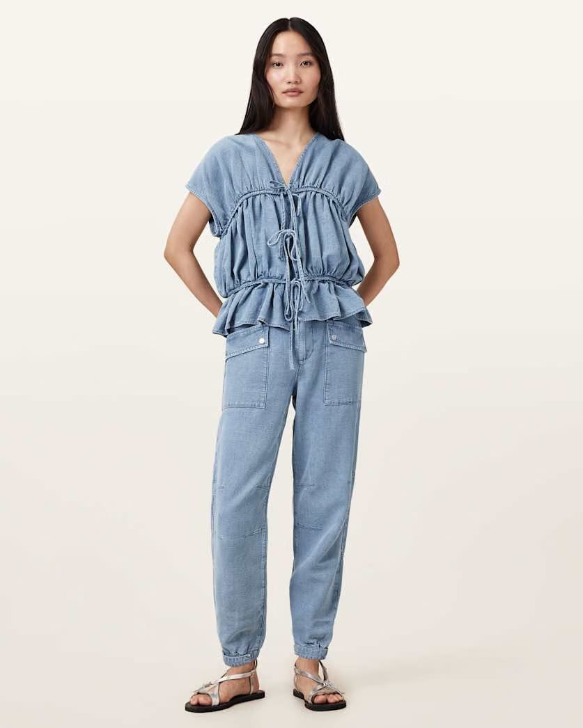 AllSaints Val High Rise Cargo Linen Blend Pants Women's Light Blue Women's