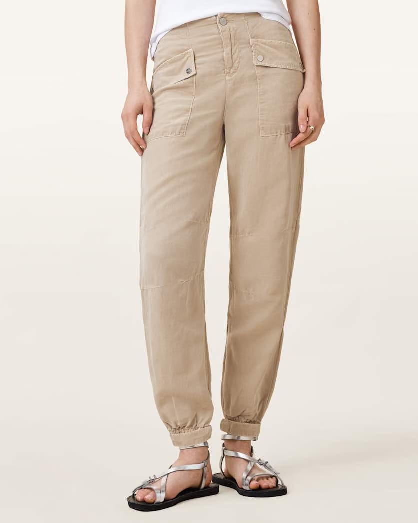 AllSaints Val High Rise Cargo Linen Blend Pants Women's Sand Brown Women's