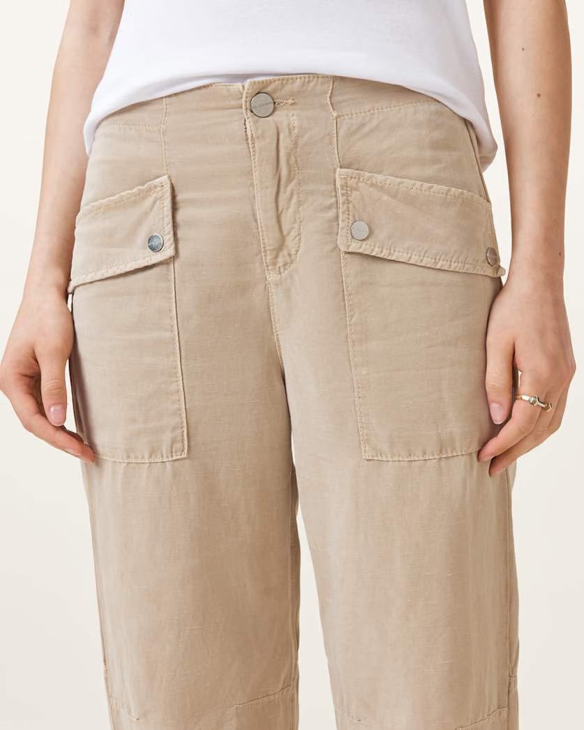 AllSaints Val High Rise Cargo Linen Blend Pants Women's Sand Brown Women's