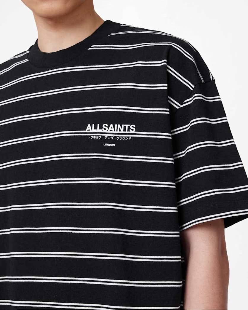 AllSaints Underground Oversized Striped T Shirt Jet Blk/Chalk Wht
