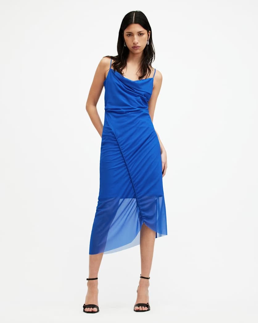 AllSaints Ulla Mesh Draped Midi Dress Women's Electric Blue Women's