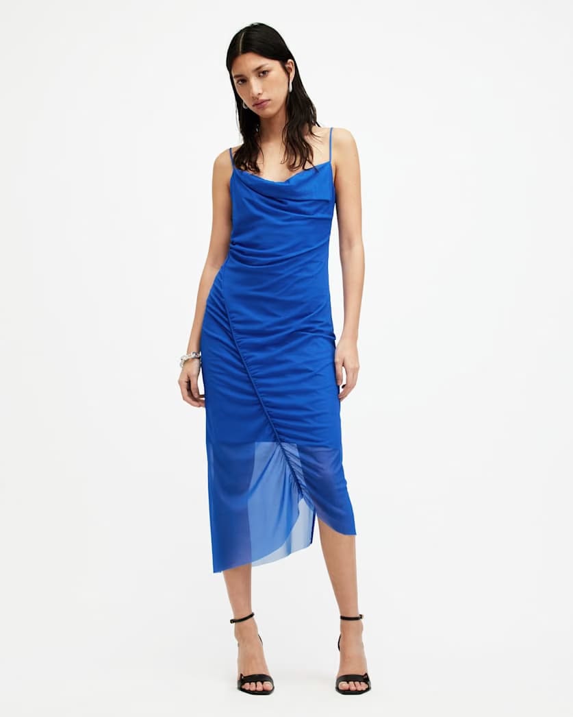 AllSaints Ulla Mesh Draped Midi Dress Women's Electric Blue Women's