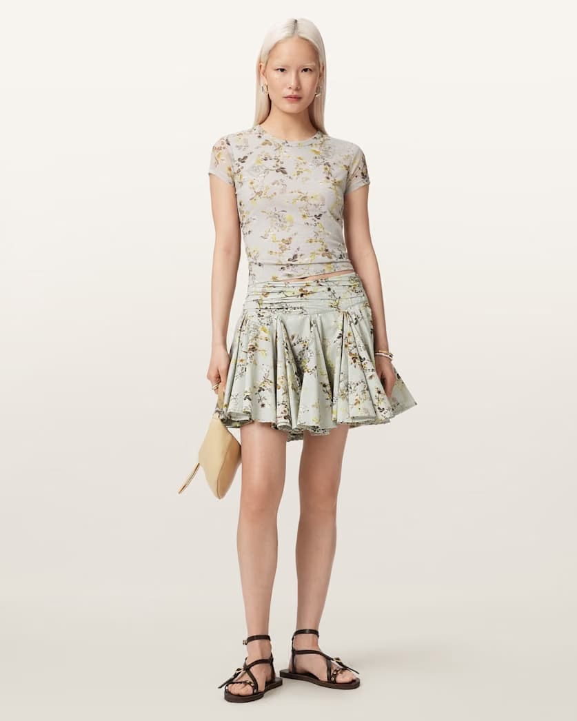 AllSaints Tulip Floral Vouminois Mini Skirt Women's Carmel Stem Green Women's