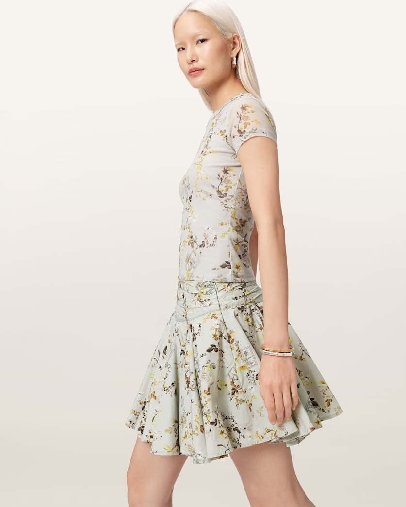 AllSaints Tulip Floral Vouminois Mini Skirt Women's Carmel Stem Green Women's