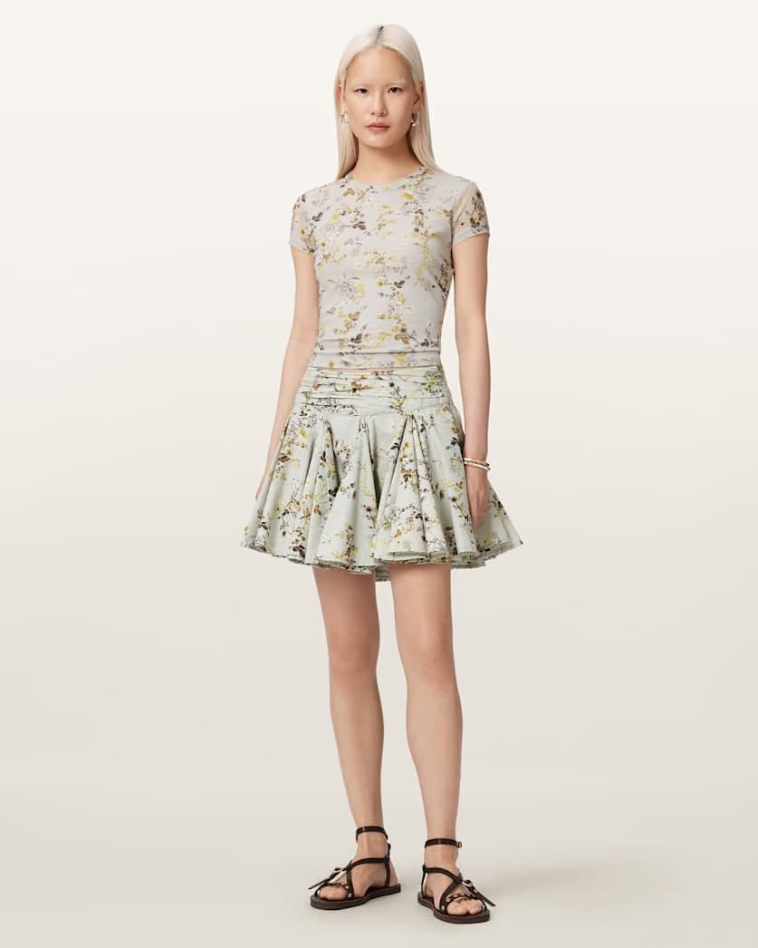 AllSaints Tulip Floral Vouminois Mini Skirt Women's Carmel Stem Green Women's