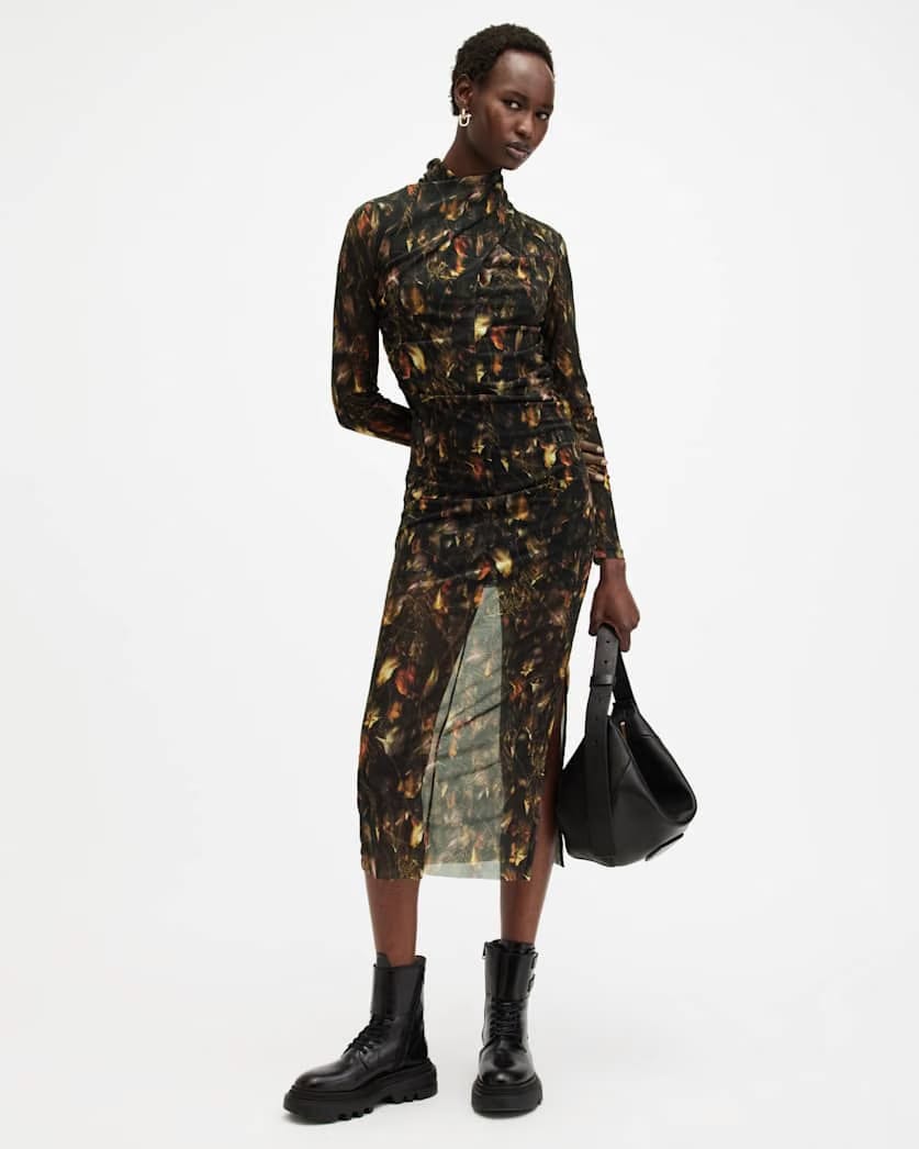 AllSaints Tia Mesh Printed Midi Dress Women's Kateri Hazel Brown Women's