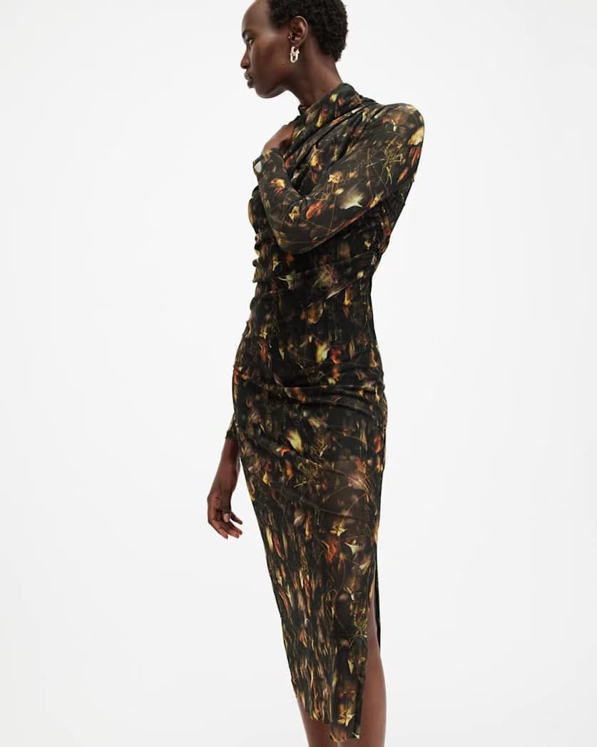 AllSaints Tia Mesh Printed Midi Dress Women's Kateri Hazel Brown Women's