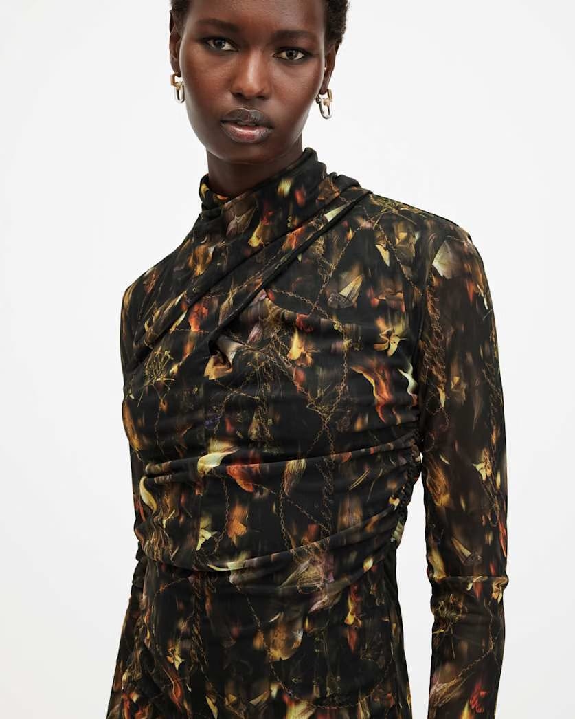 AllSaints Tia Mesh Printed Midi Dress Women's Kateri Hazel Brown Women's