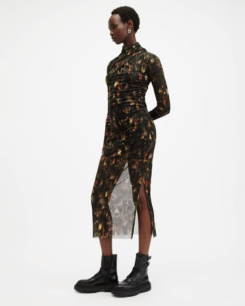 AllSaints Tia Mesh Printed Midi Dress Women's Kateri Hazel Brown Women's