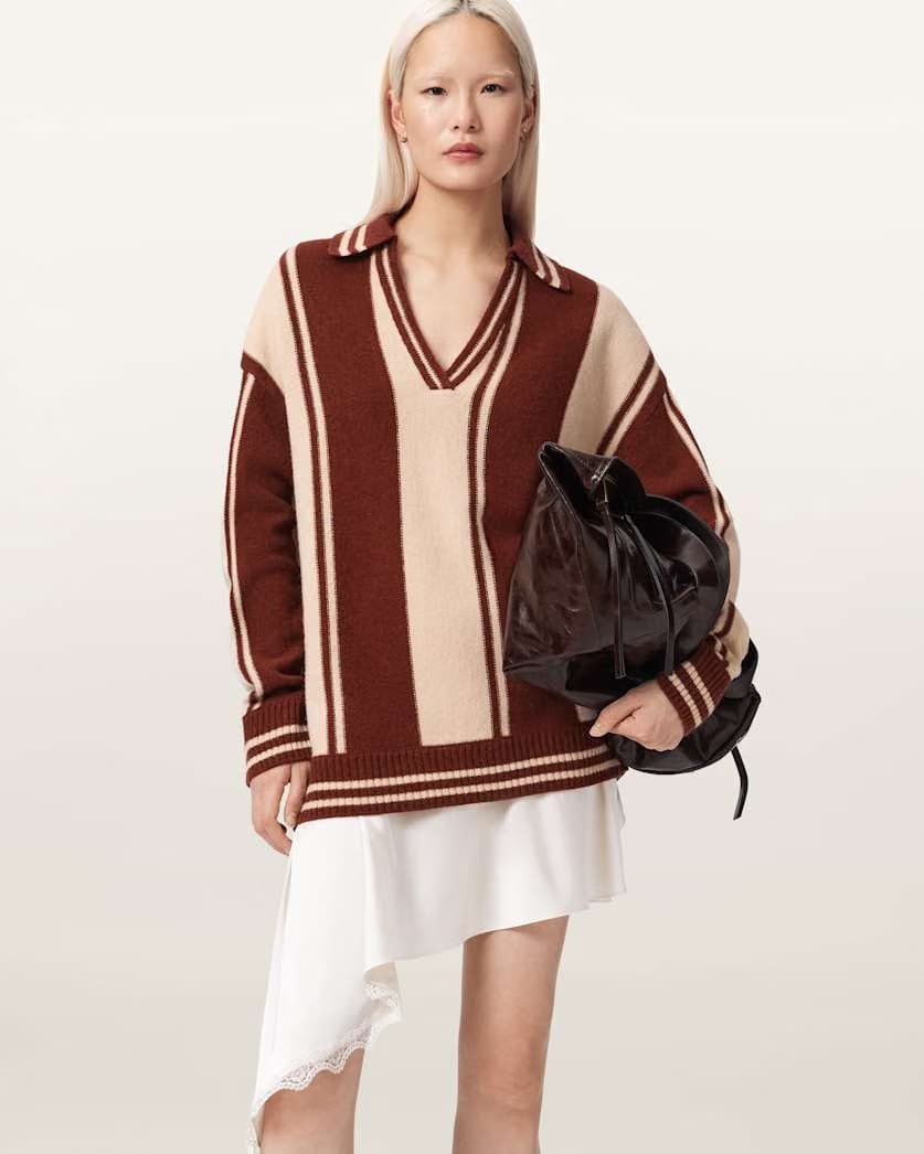AllSaints Tay Merino Wool Polo Shirt Women's Rust Brown Women's