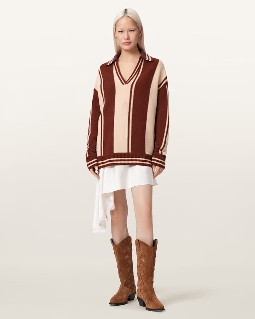 AllSaints Tay Merino Wool Polo Shirt Women's Rust Brown Women's