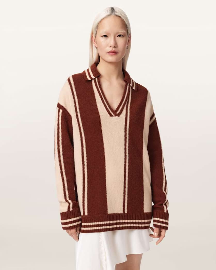 AllSaints Tay Merino Wool Polo Shirt Women's Rust Brown Women's