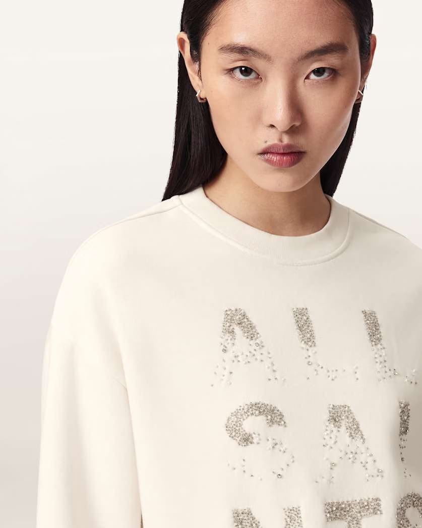AllSaints Stacks Separo Embellished Cropped Sweatshirt Women's Optic White Women's