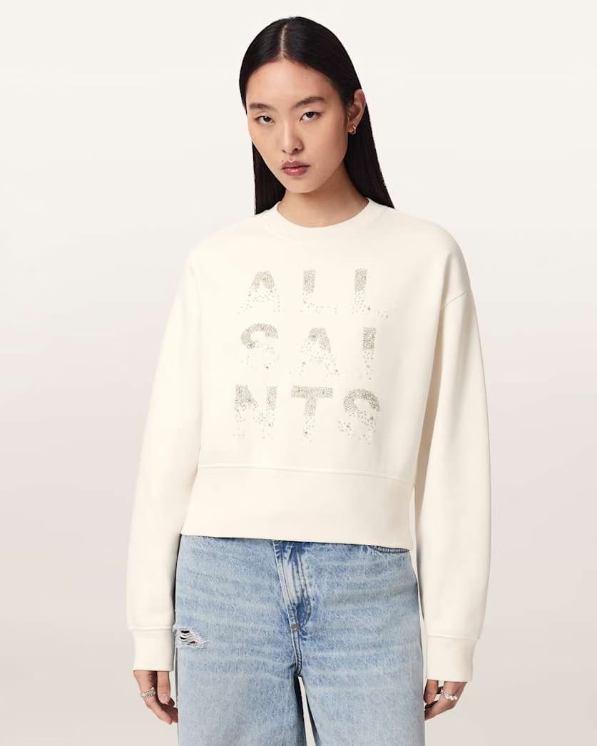 AllSaints Stacks Separo Embellished Cropped Sweatshirt Women's Optic White Women's