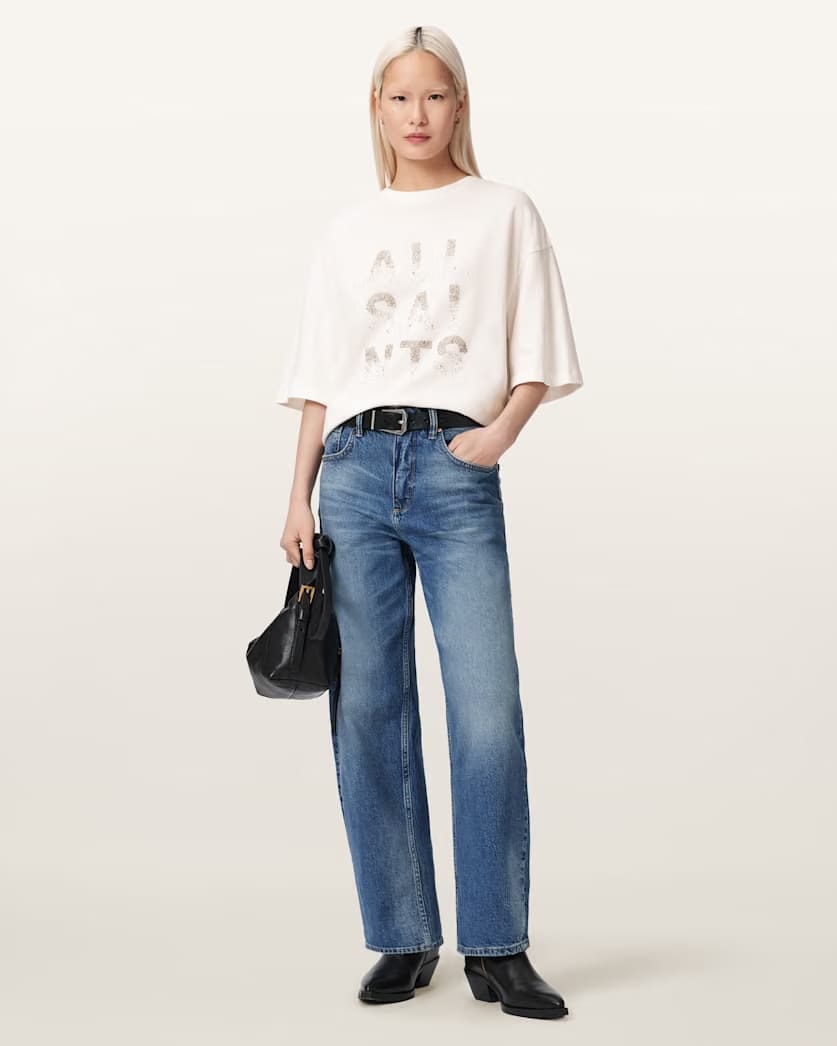 AllSaints Stacks Amelie Oversized Embellished T Shirt Women's Optic White Women's