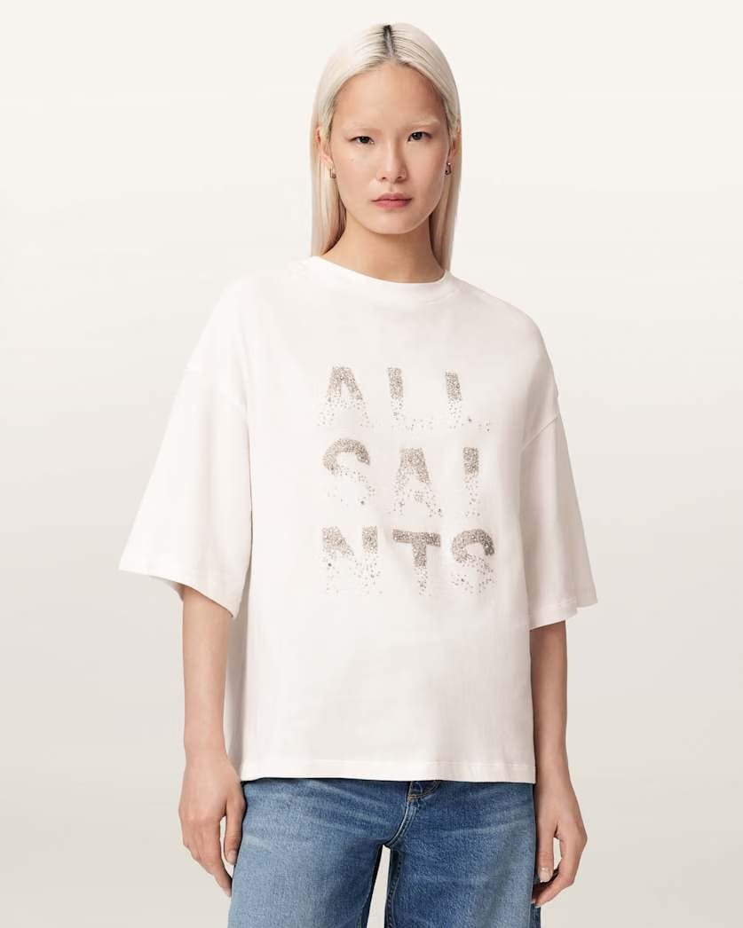 AllSaints Stacks Amelie Oversized Embellished T Shirt Women's Optic White Women's
