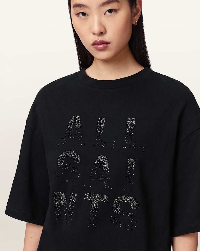 AllSaints Stacks Amelie Oversized Embellished T Shirt Women's Optic White Women's
