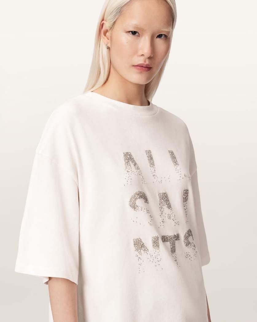 AllSaints Stacks Amelie Oversized Embellished T Shirt Women's Optic White Women's