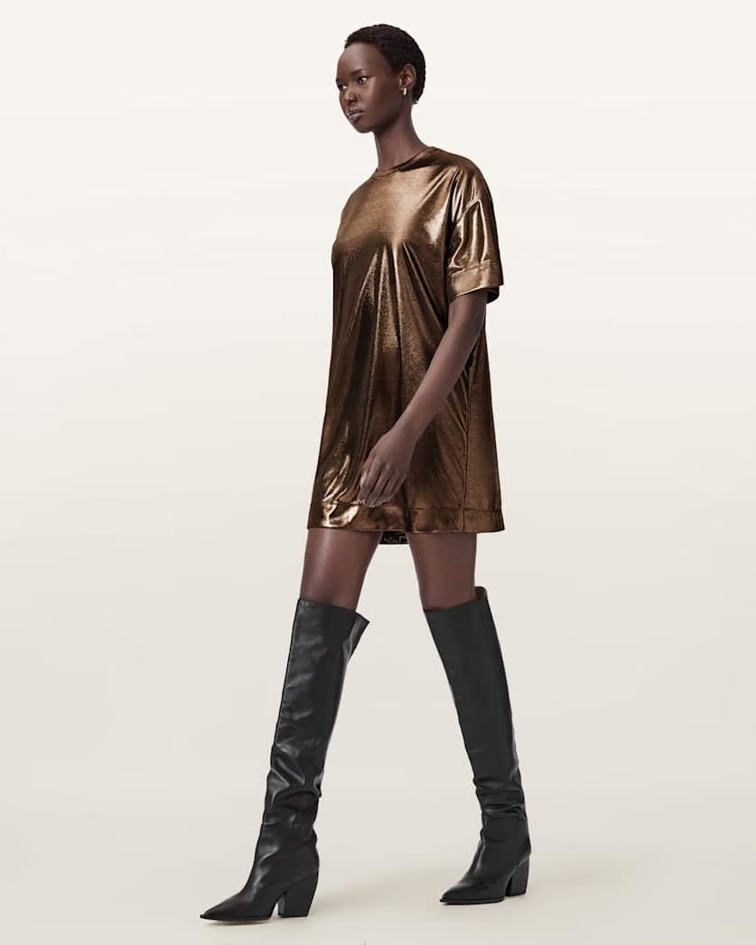 AllSaints Sparkle Mini T-Shirt Dress Women's Bronze Gold Women's
