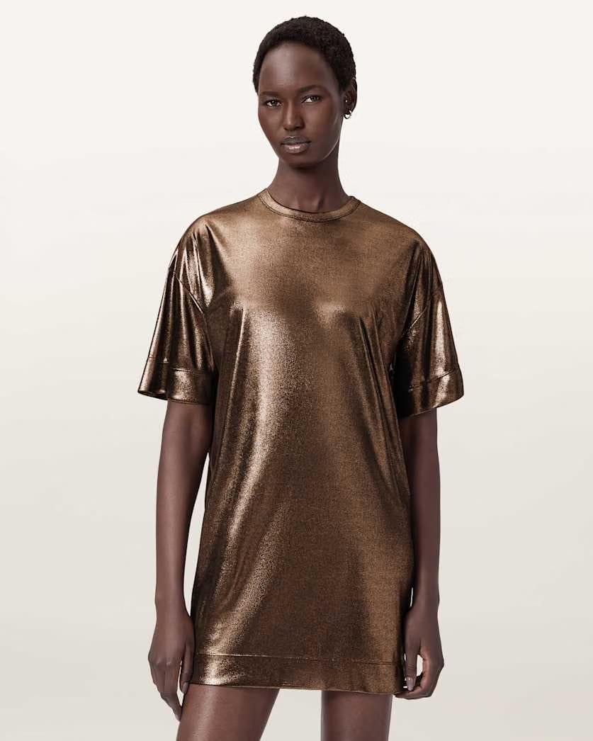 AllSaints Sparkle Mini T-Shirt Dress Women's Bronze Gold Women's