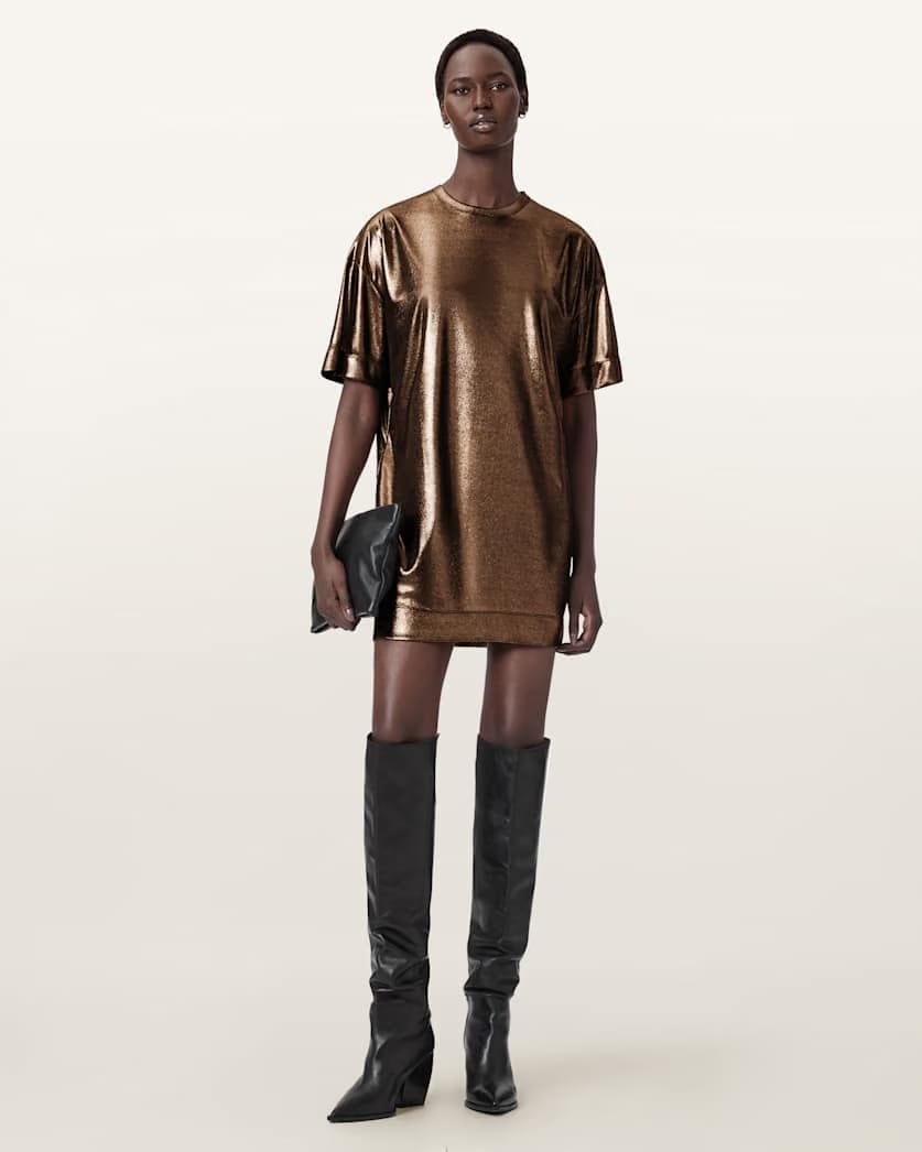 AllSaints Sparkle Mini T-Shirt Dress Women's Bronze Gold Women's