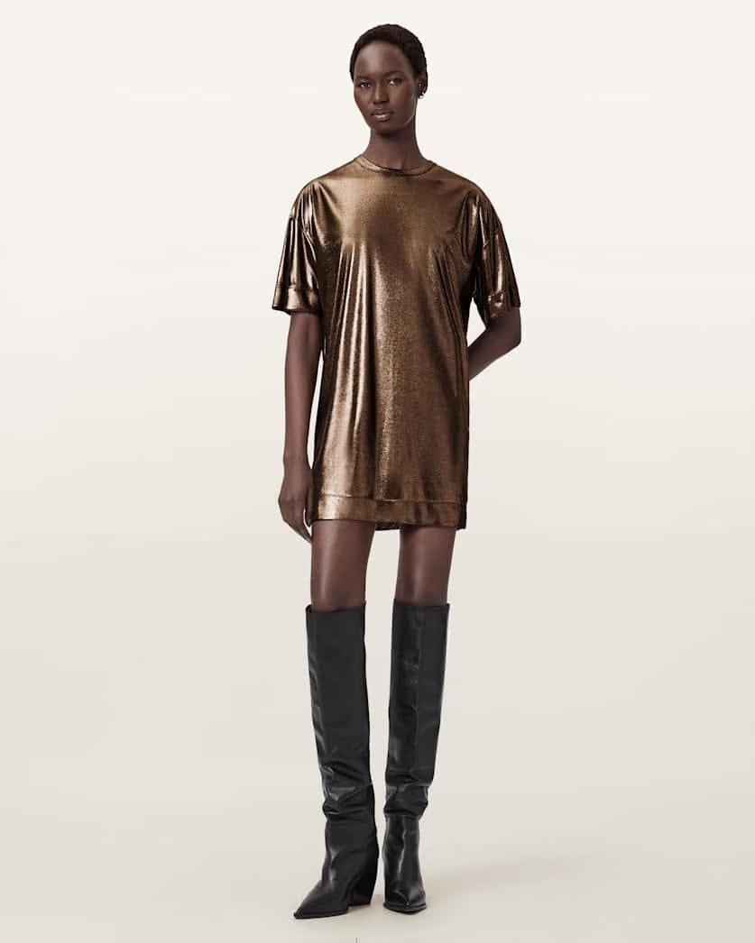 AllSaints Sparkle Mini T-Shirt Dress Women's Bronze Gold Women's