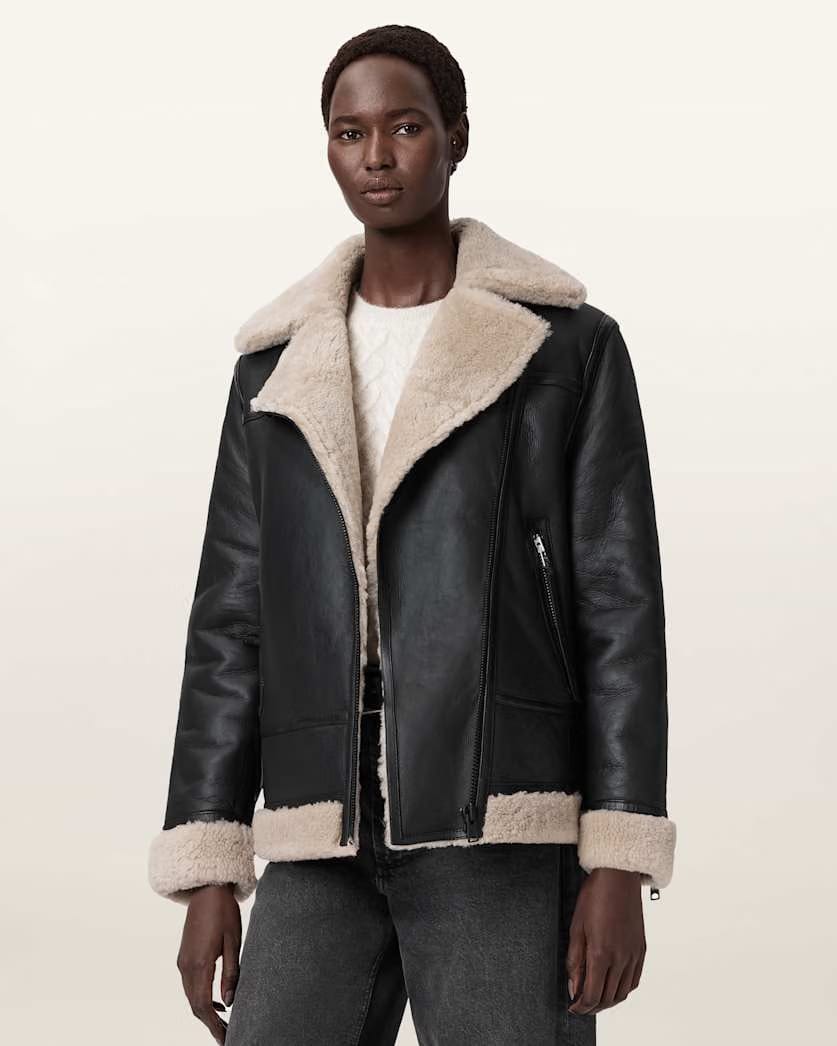 AllSaints Sola Shearling Biker Jacket Women's Black/Natural Women's