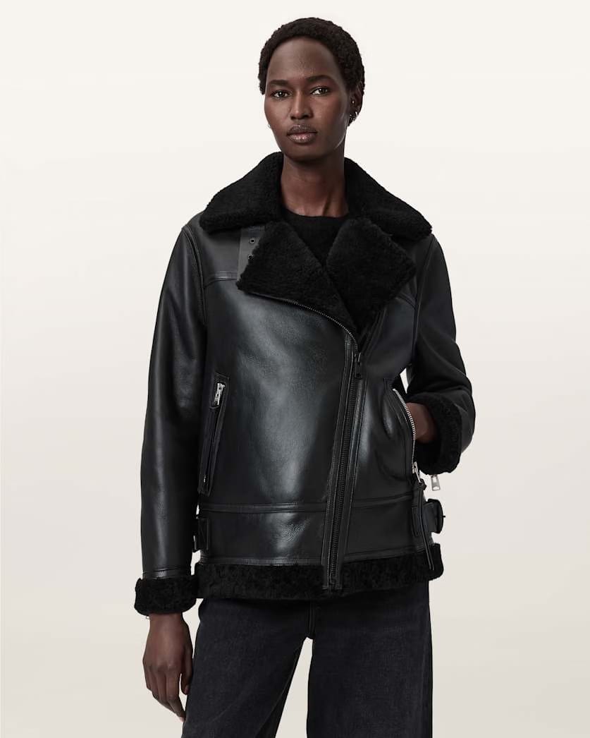 AllSaints Sola Shearling Biker Jacket Women's Black/Natural Women's