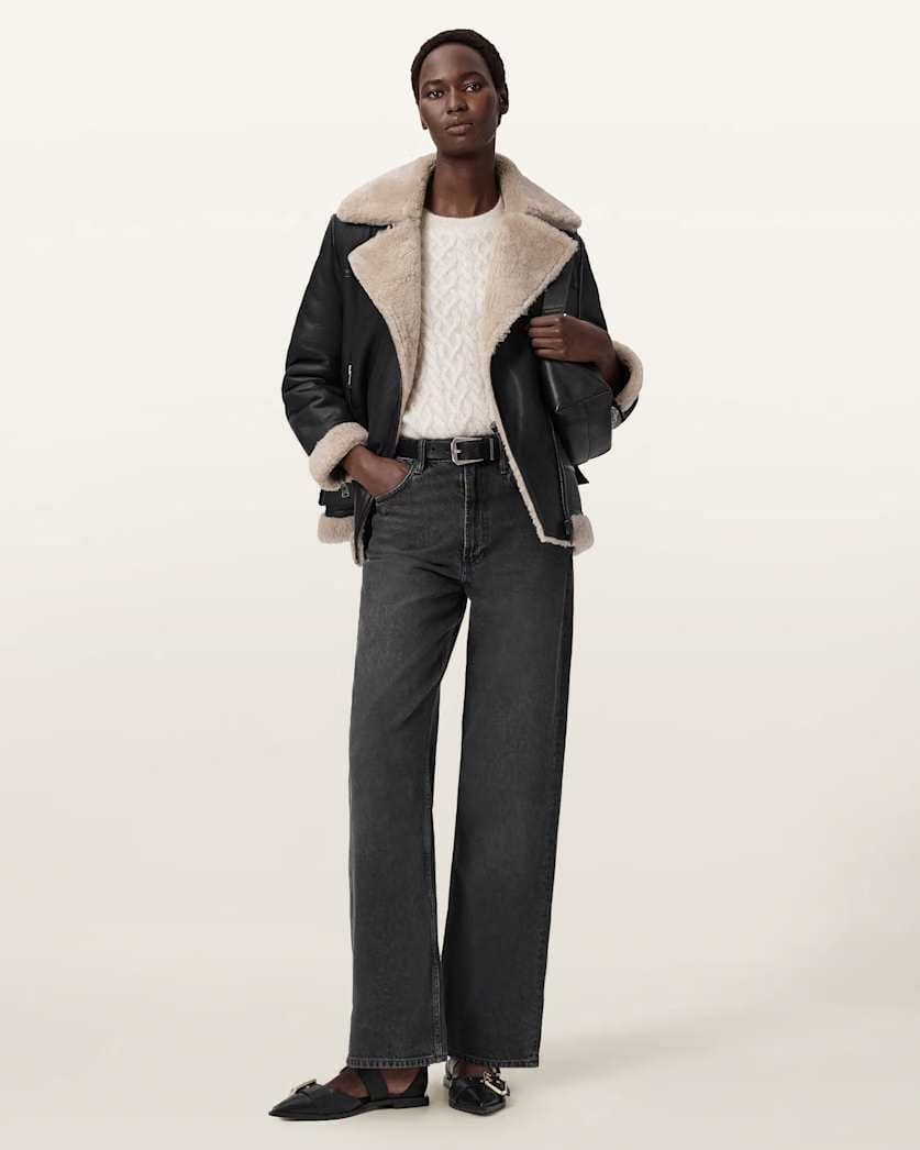 AllSaints Sola Shearling Biker Jacket Women's Black/Natural Women's