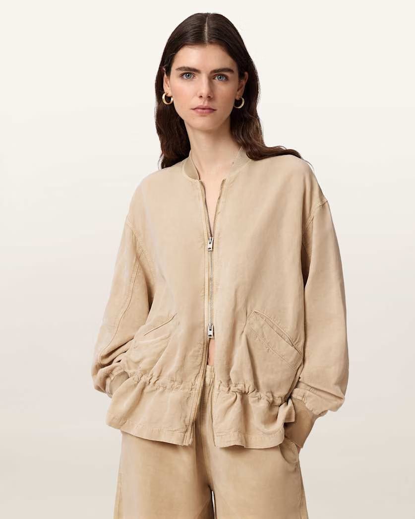 AllSaints Sofi Linen Blend Drawstring Bomber Jacket Women's Sand Brown Women's