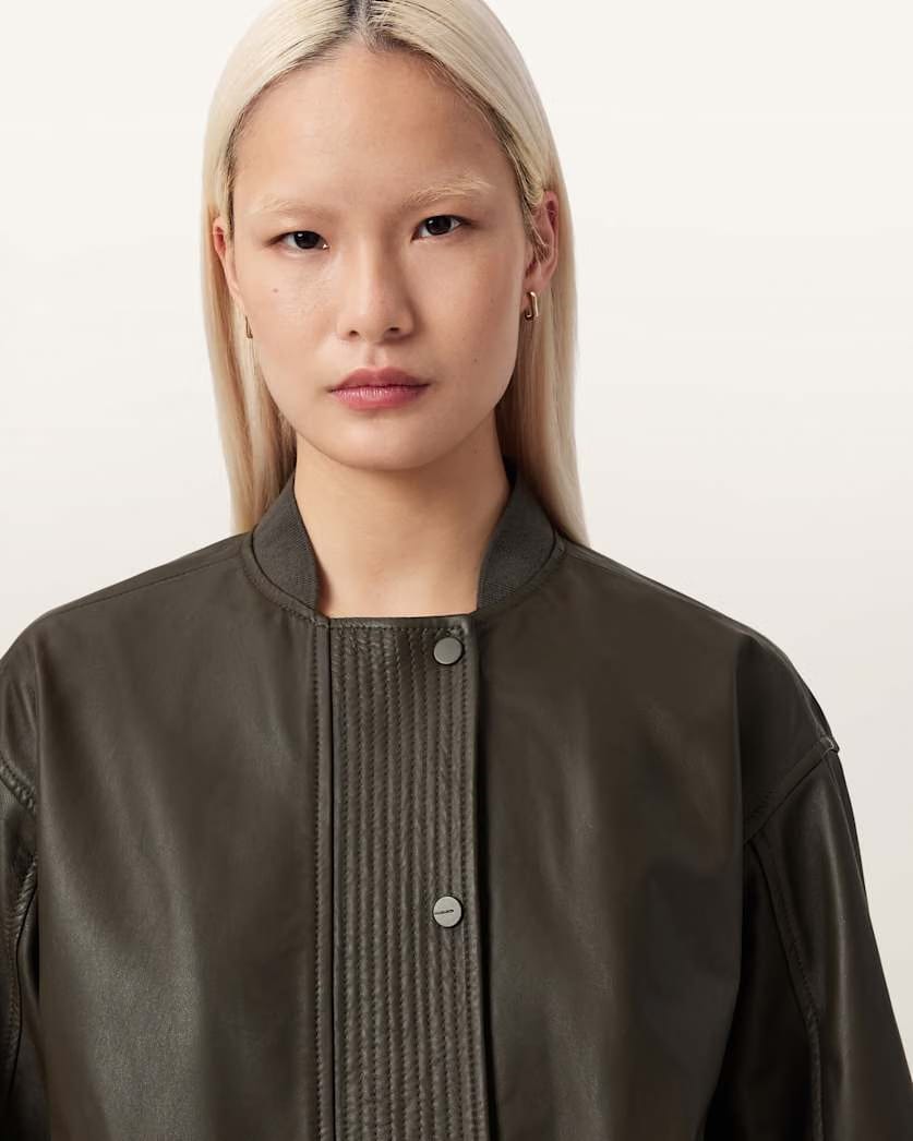 AllSaints Sofi Leather Bomber Jacket Women's Military Green Women's