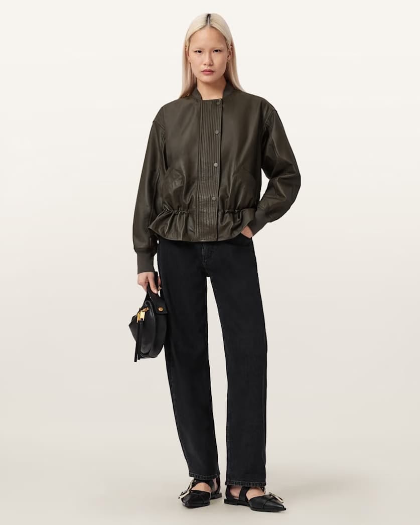 AllSaints Sofi Leather Bomber Jacket Women's Military Green Women's