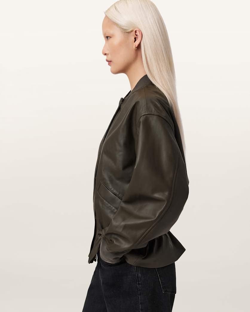 AllSaints Sofi Leather Bomber Jacket Women's Military Green Women's