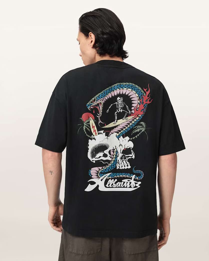 AllSaints Snakepit Oversized Short Sleeve Graphic T Shirt Washed Black