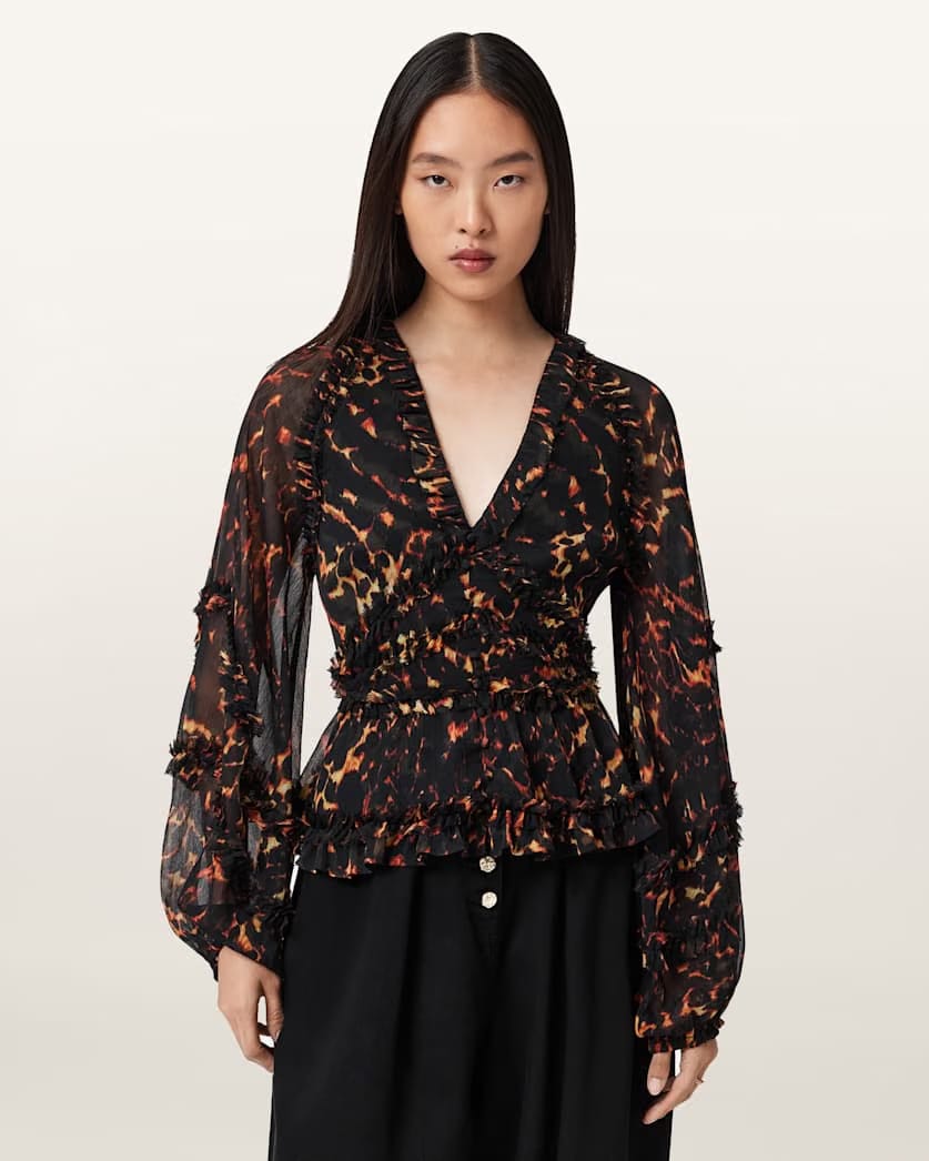 AllSaints Silvie Ruffled Top Women's Pardus Flame Brown Women's
