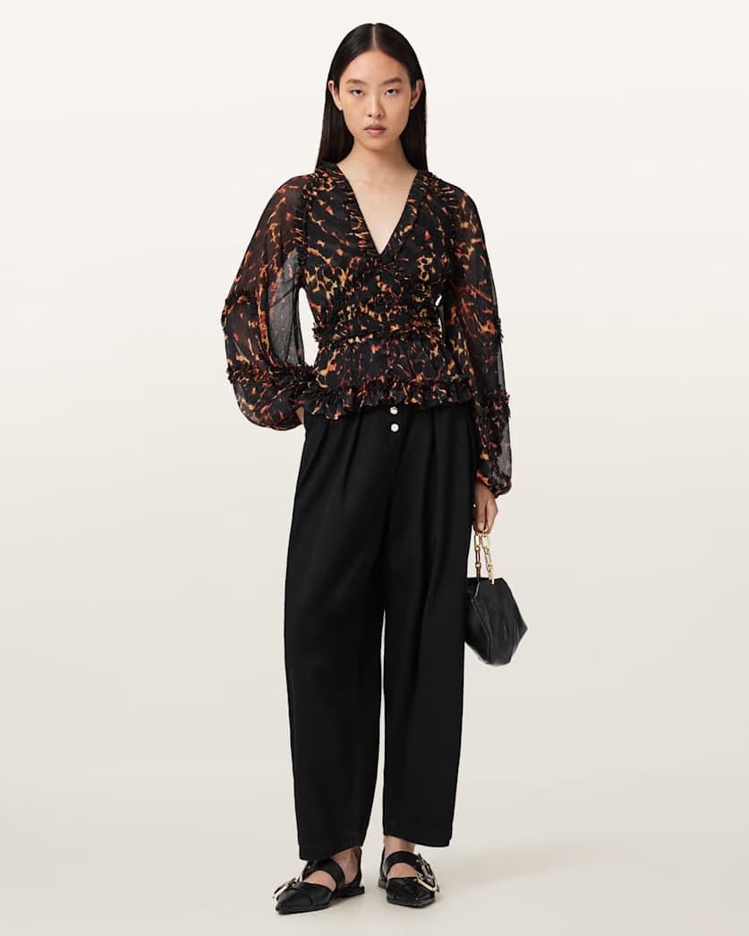 AllSaints Silvie Ruffled Top Women's Pardus Flame Brown Women's