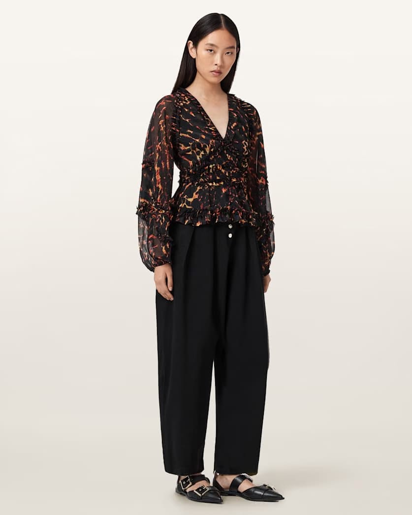 AllSaints Silvie Ruffled Top Women's Pardus Flame Brown Women's