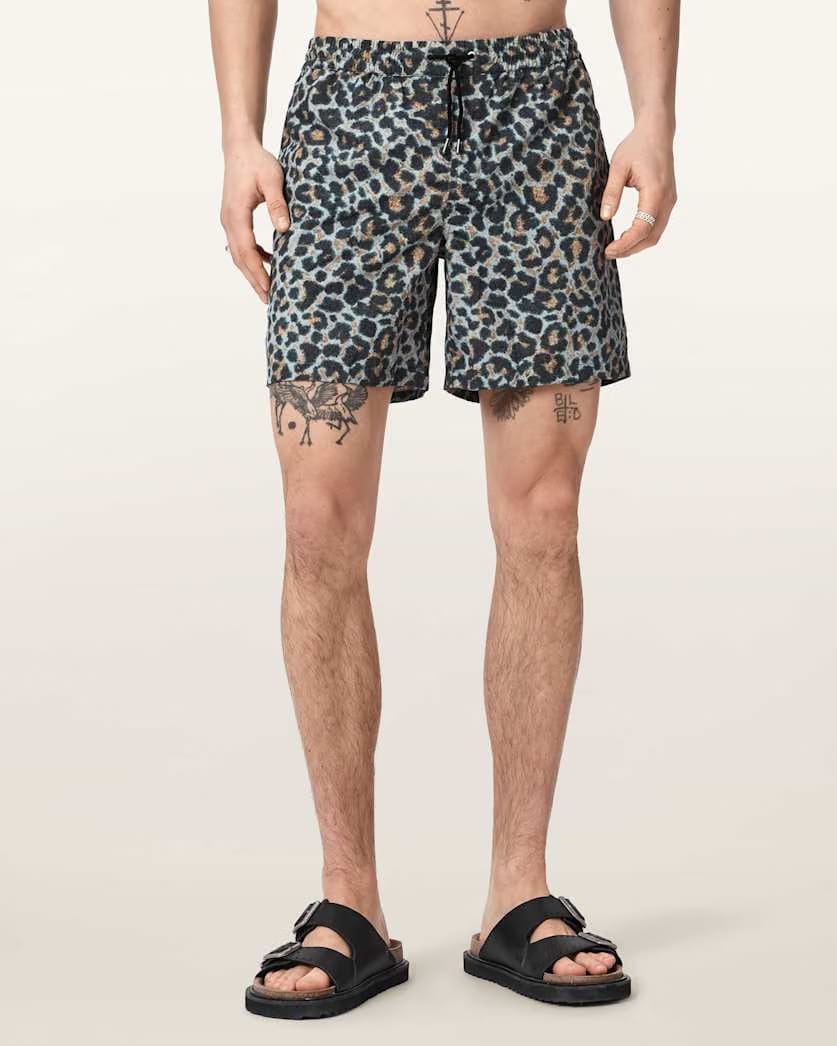 AllSaints Silesia Leopard Print Slim Fit Swim Shorts Clouded Grey