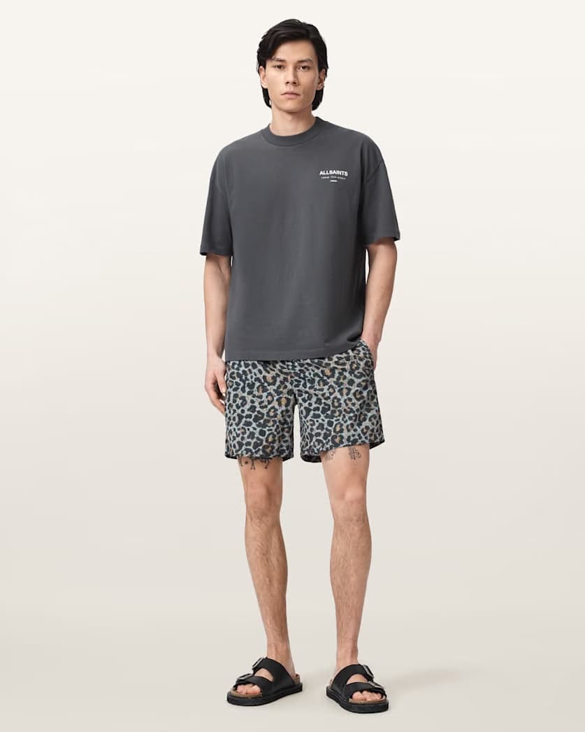 AllSaints Silesia Leopard Print Slim Fit Swim Shorts Clouded Grey