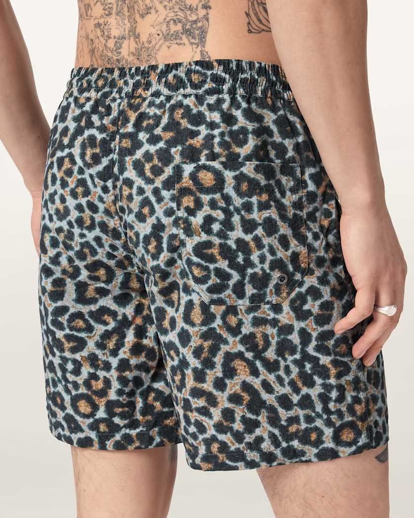 AllSaints Silesia Leopard Print Slim Fit Swim Shorts Clouded Grey