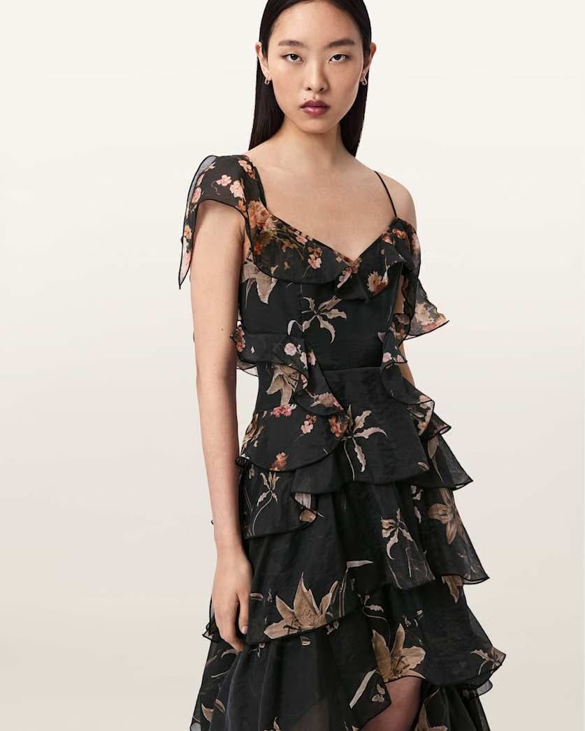 AllSaints Sienna Ruffle Maxi Dress Women's Petra Sepia Brown Women's