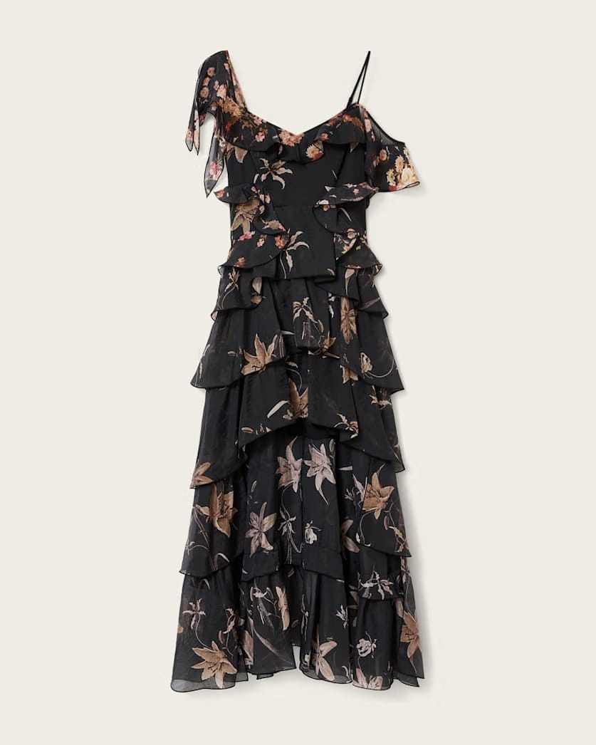 AllSaints Sienna Ruffle Maxi Dress Women's Petra Sepia Brown Women's