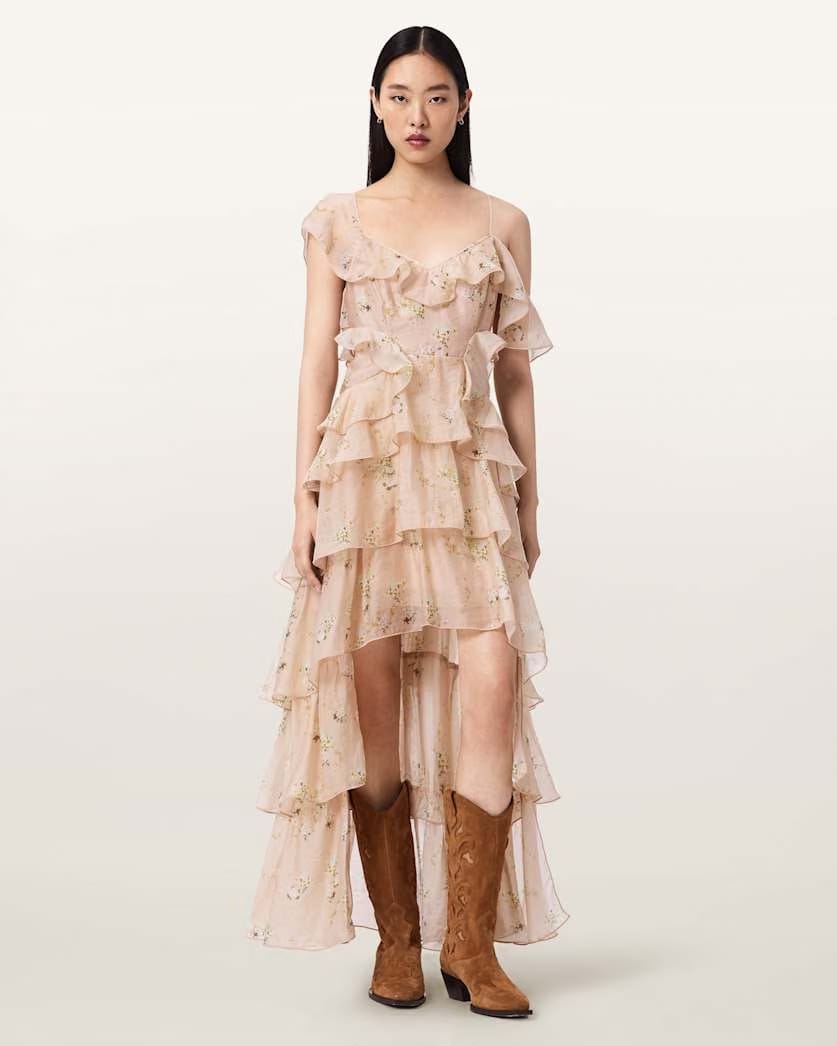 AllSaints Sienna Ruffle Maxi Dress Women's Empoli Pop Pink Women's