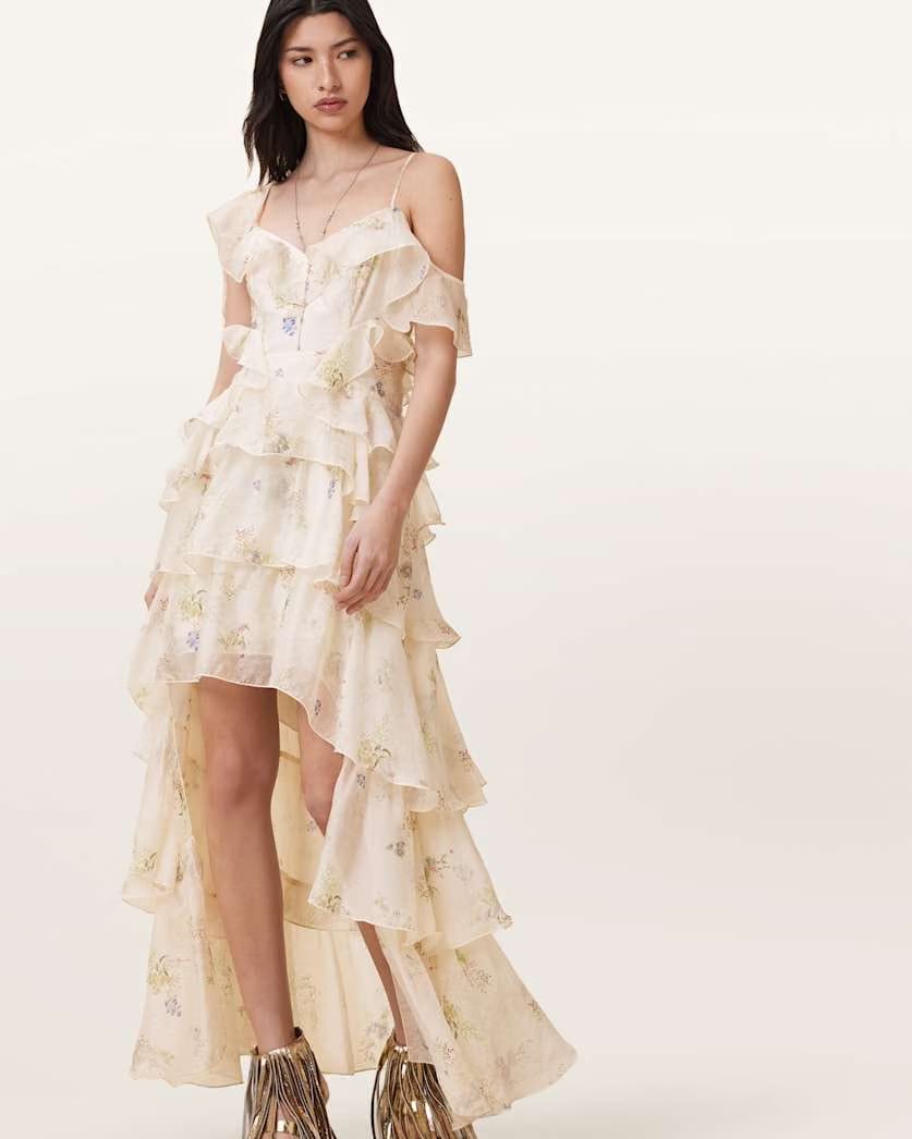 AllSaints Sienna Ruffled Maxi Dress Women's Laci Ecru White Women's