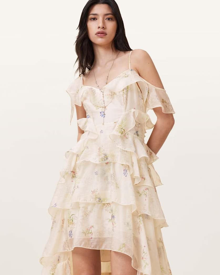 AllSaints Sienna Ruffled Maxi Dress Women's Laci Ecru White Women's