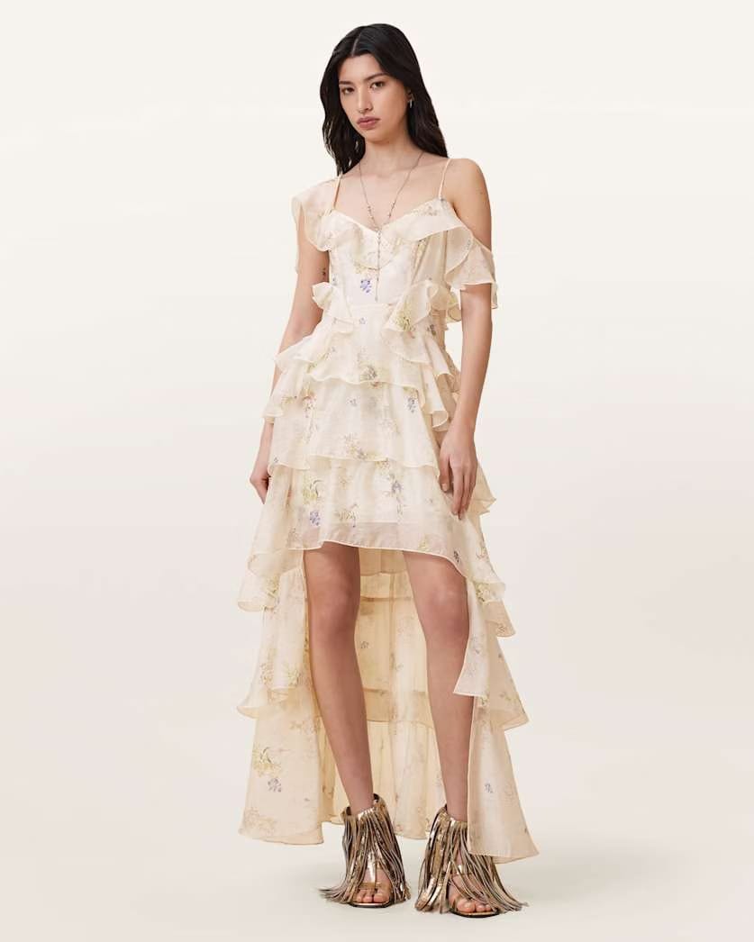 AllSaints Sienna Ruffled Maxi Dress Women's Laci Ecru White Women's