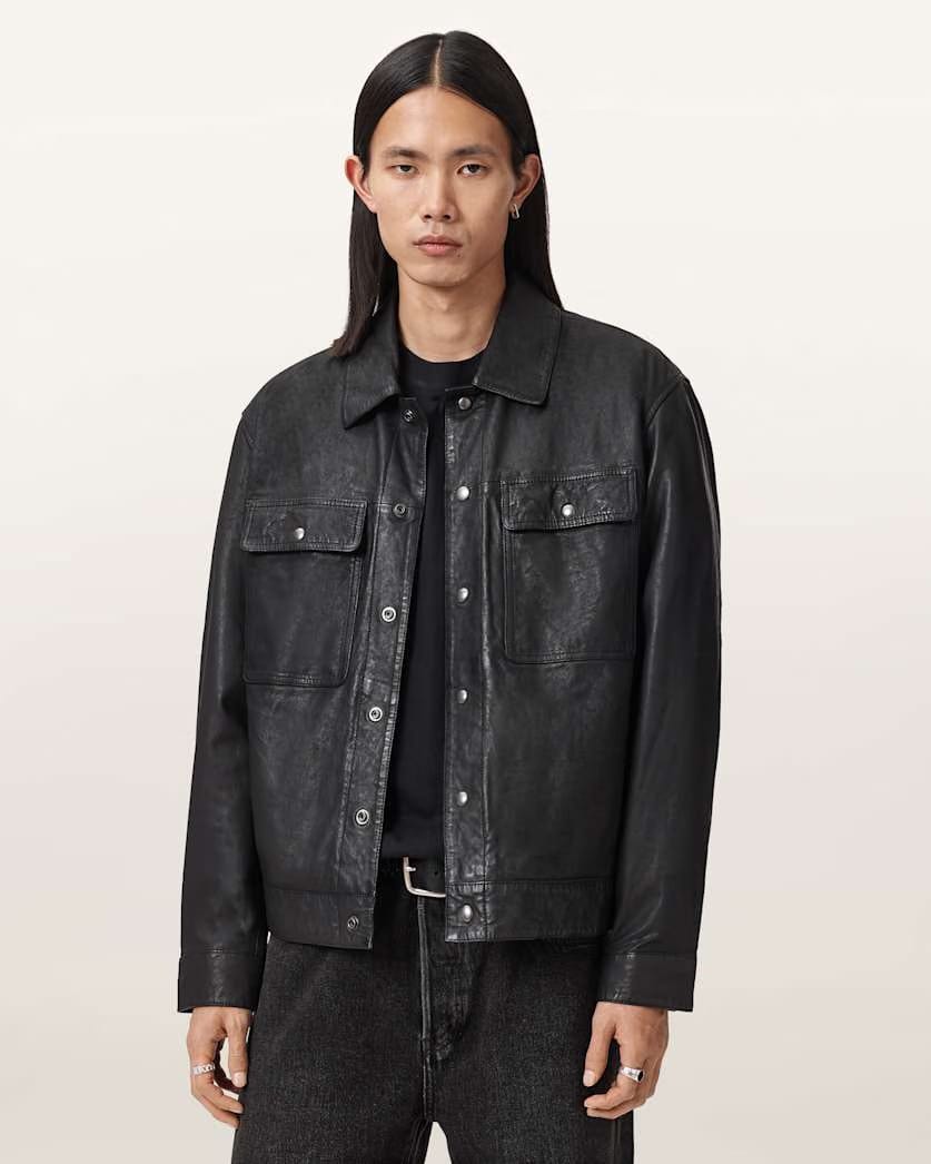 AllSaints Shelton Leather Trucker Jacket Black