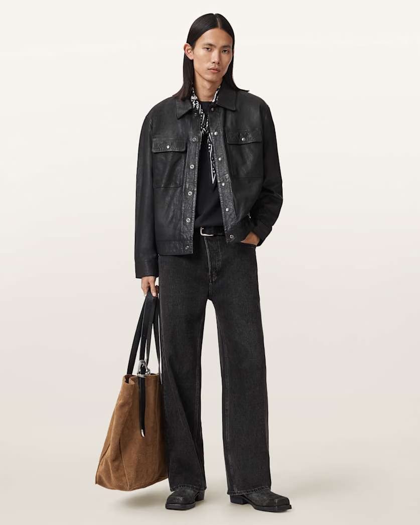 AllSaints Shelton Leather Trucker Jacket Black